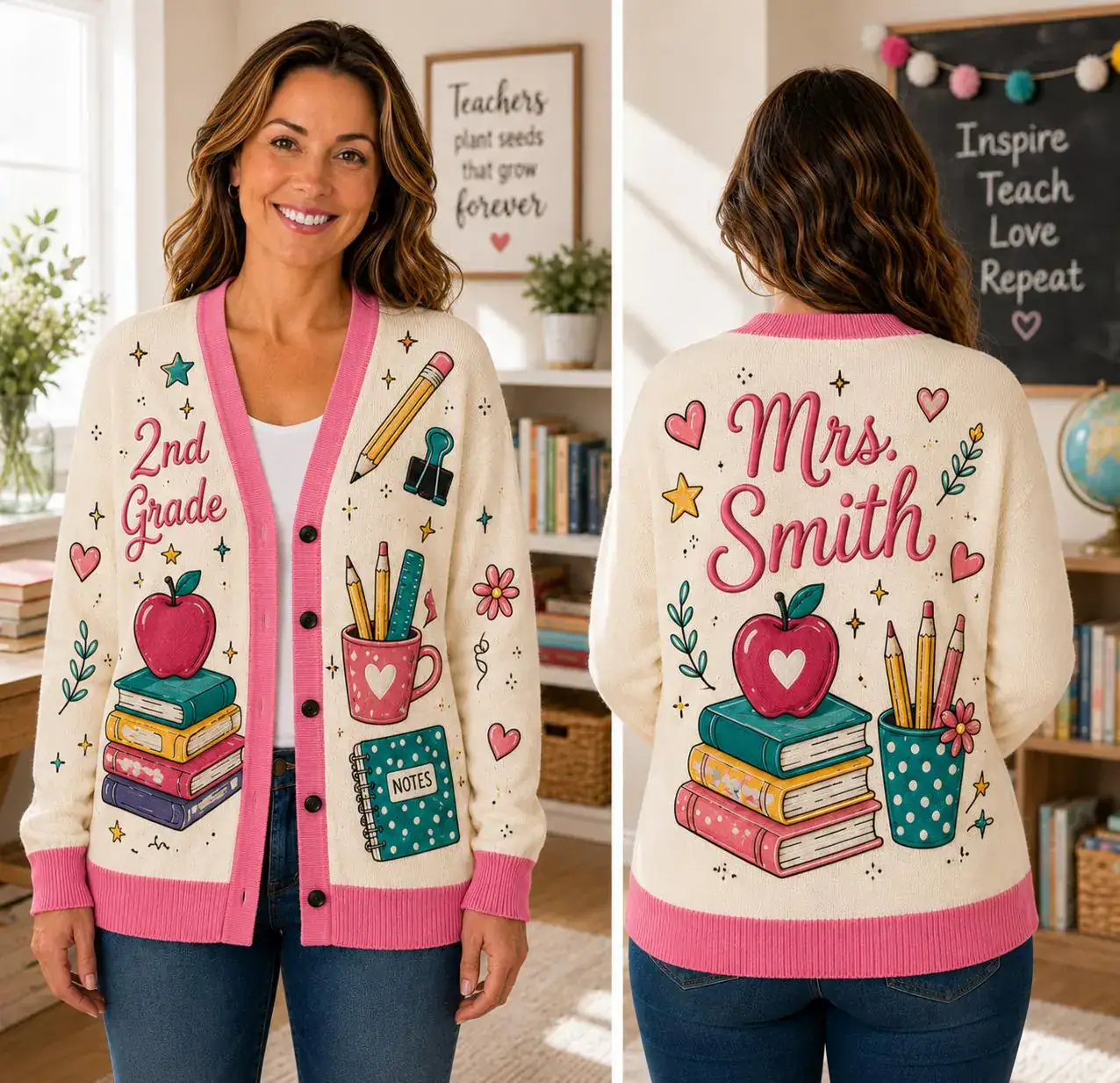 Custom Teacher Name Knitted Cardigan, Personalized Grade Teacher Sweater, Back to School Teacher Gift, Apple Book Classroom Outfit, School