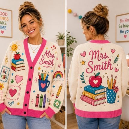 Custom Mrs Name Teacher Cardigan, Personalized School Icons Sweater, Kindergarten Teacher Gift, Back To School Outfit, Educator Apparel