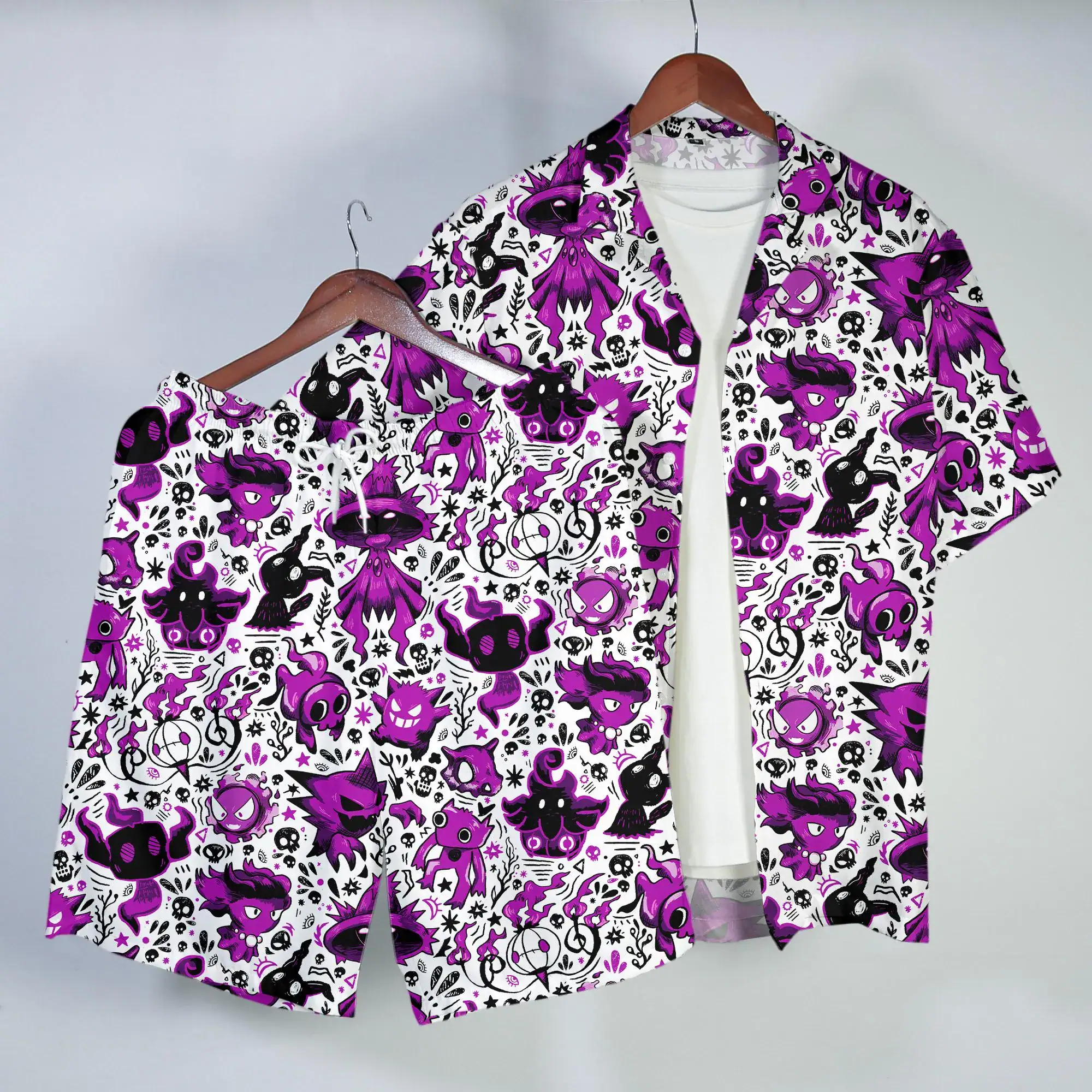 Gengar Mismagius Hawaiian Shirt Tropical Button Up Shirt Spooky Ghost Summer Beach Shorts Unisex Outfit Gengar Shirt Gifts