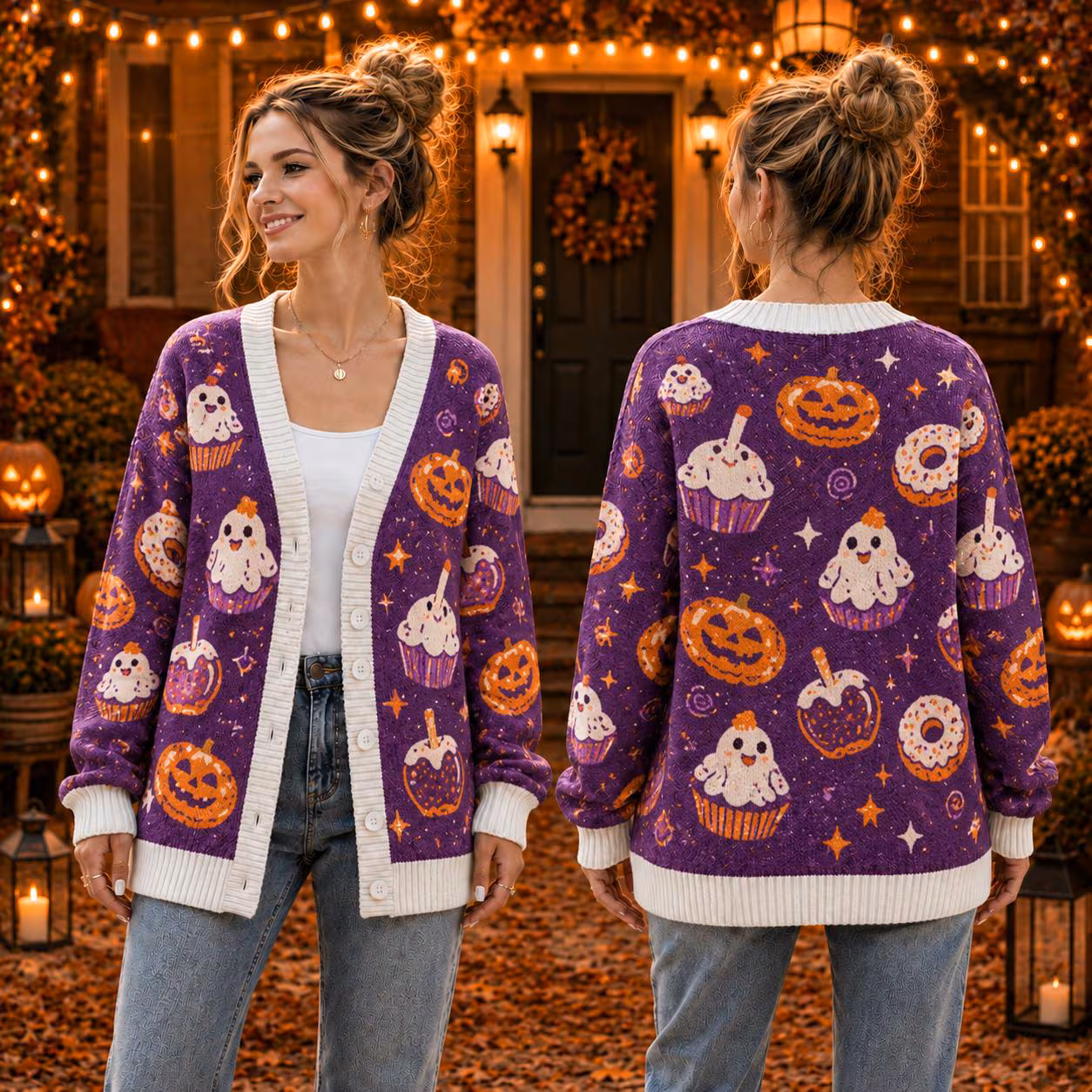 Ghost Bakery Halloween Cardigan, Cute Cupcake Knit Sweater, Pumpkin Dessert Wool Cardigan, Orange Purple Spooky Outfit