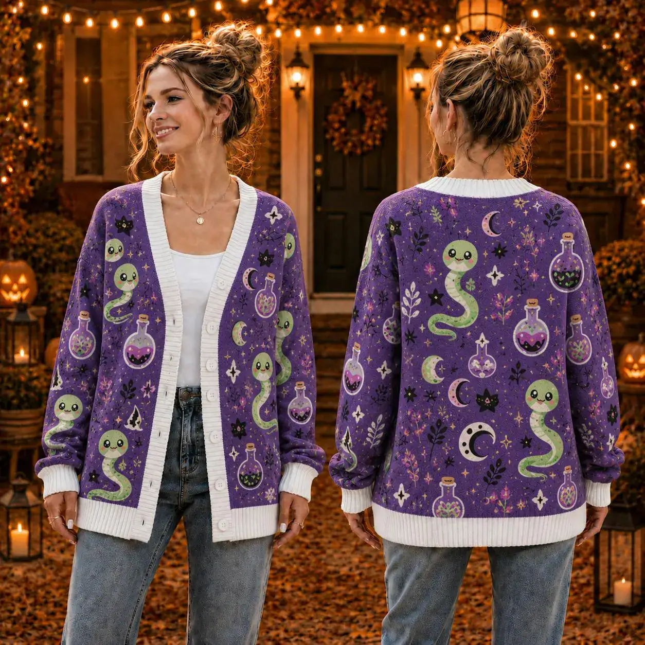 Cute Snake Potion Halloween Cardigan, Purple Green Witchy Knit Sweater, Magical Serpent Wool Cardigan, Spooky Outfit