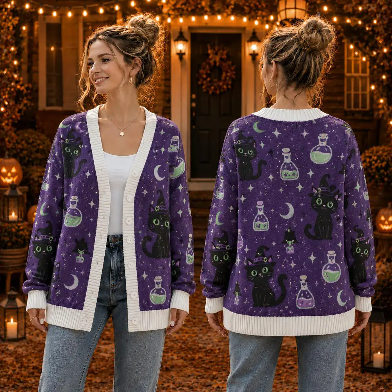 Black Cat Potion Halloween Cardigan, Purple Green Wool Sweater, Witchy Cat Knit Cardigan, Cute Halloween Cat Lover Gift