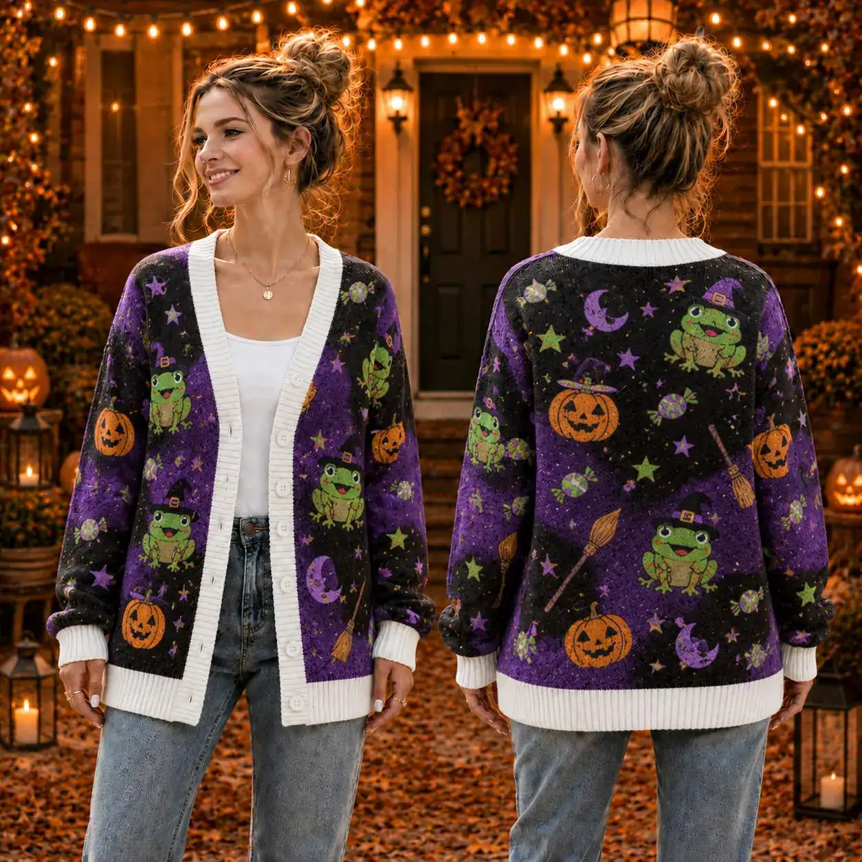 Cute Witch Frog Halloween Cardigan, Green Purple Black Knit Sweater, Kawaii Frog Wool Cardigan, Spooky Season Outfit