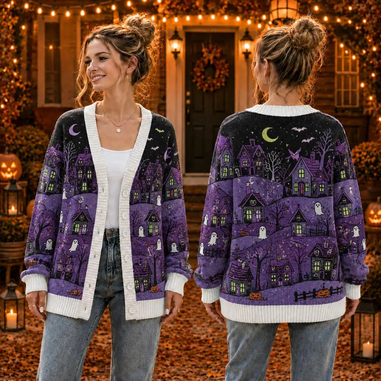 Haunted Village Halloween Cardigan, Purple Black Spooky House Sweater, Green Window Wool Cardigan, Cute Ghost Outfit