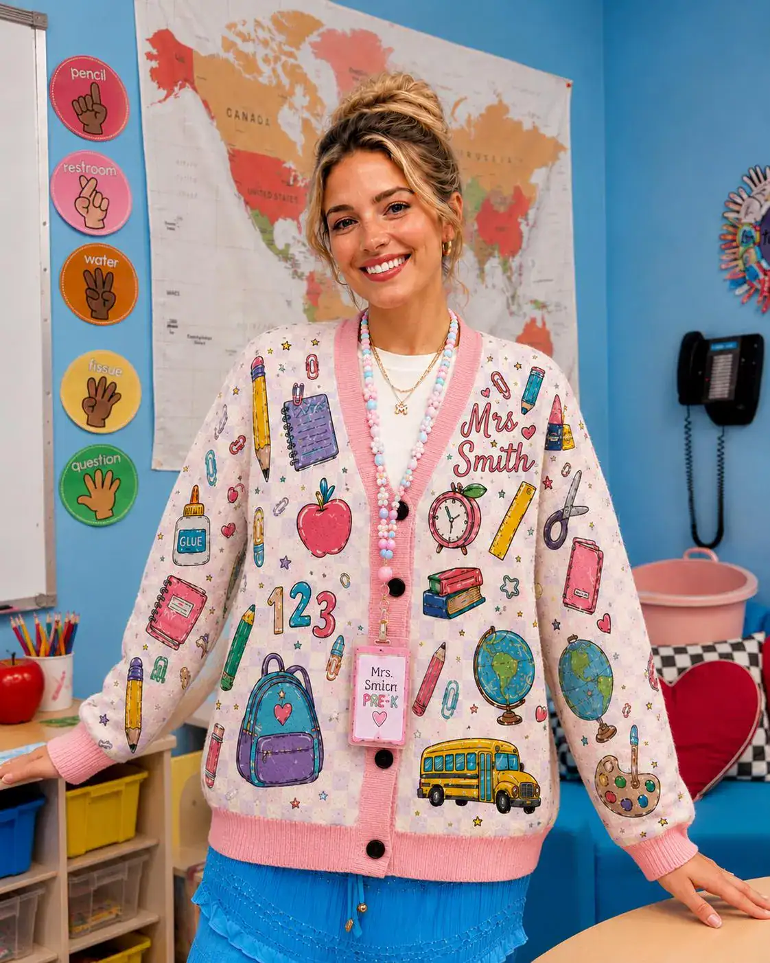 Personalized Teacher Name Cardigan, Custom Mrs Name School Icons Sweater, Teacher Appreciation Gift, Back to School Cardigan
