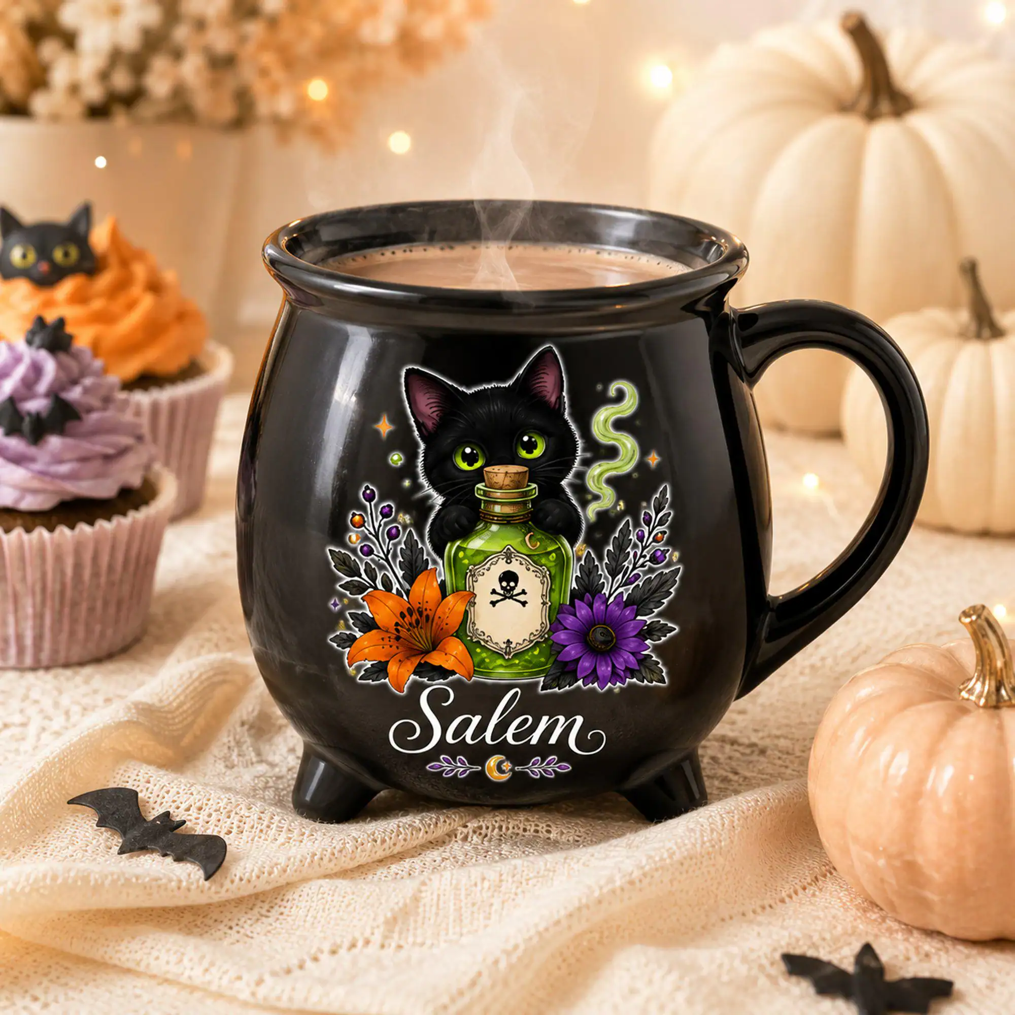 Custom Name Halloween Tousled Black Cat Bottle Poison Witch Brew Cauldron Coffee Mug, Personalized Adorable Sorceress’s Potion Themed Cups