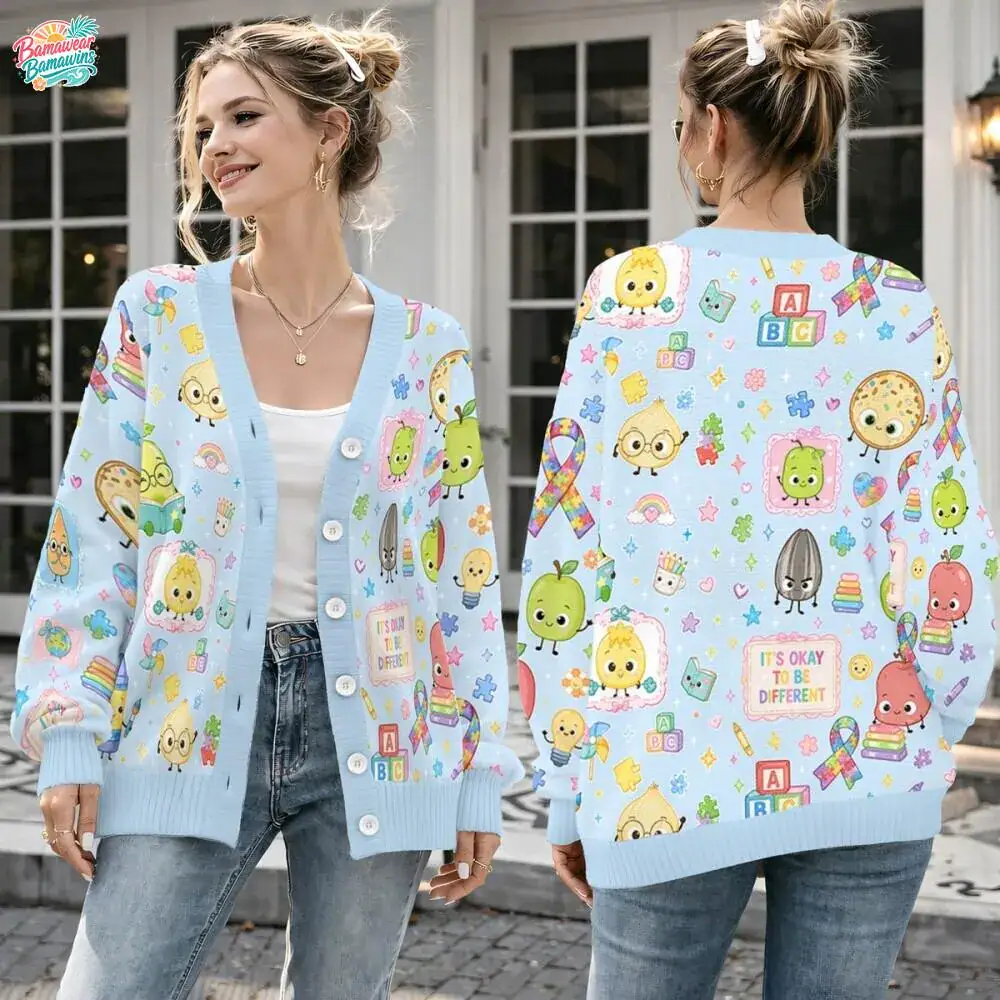 Custom Autism Cardigan, Sensory Friendly Sweater, It's Okay to Be Different, Whimsical Food Print, Gift for Teen Girl, Cozy Fall Wear