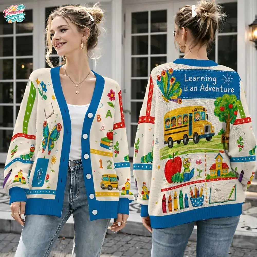 Teacher Cardigan, Learning Is an Adventure Sweater, Back to School Gift, Cute School Bus Top, Educator Appreciation Gift