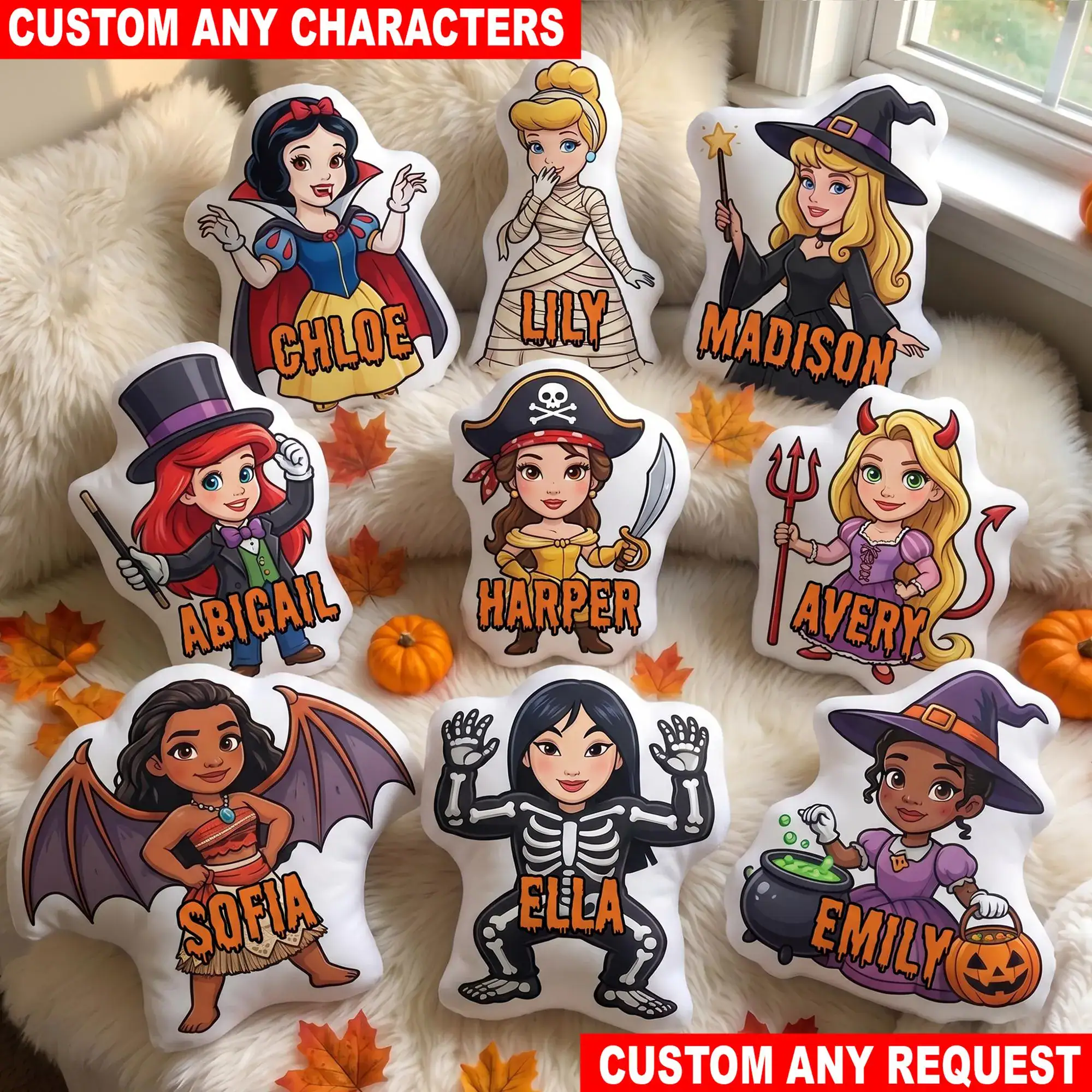 Personalized DN Princess Halloween Pillow, Snow White Cinderella Ariel Rapunzel Moana Custom Name Pillow, Halloween Gift for Kids
