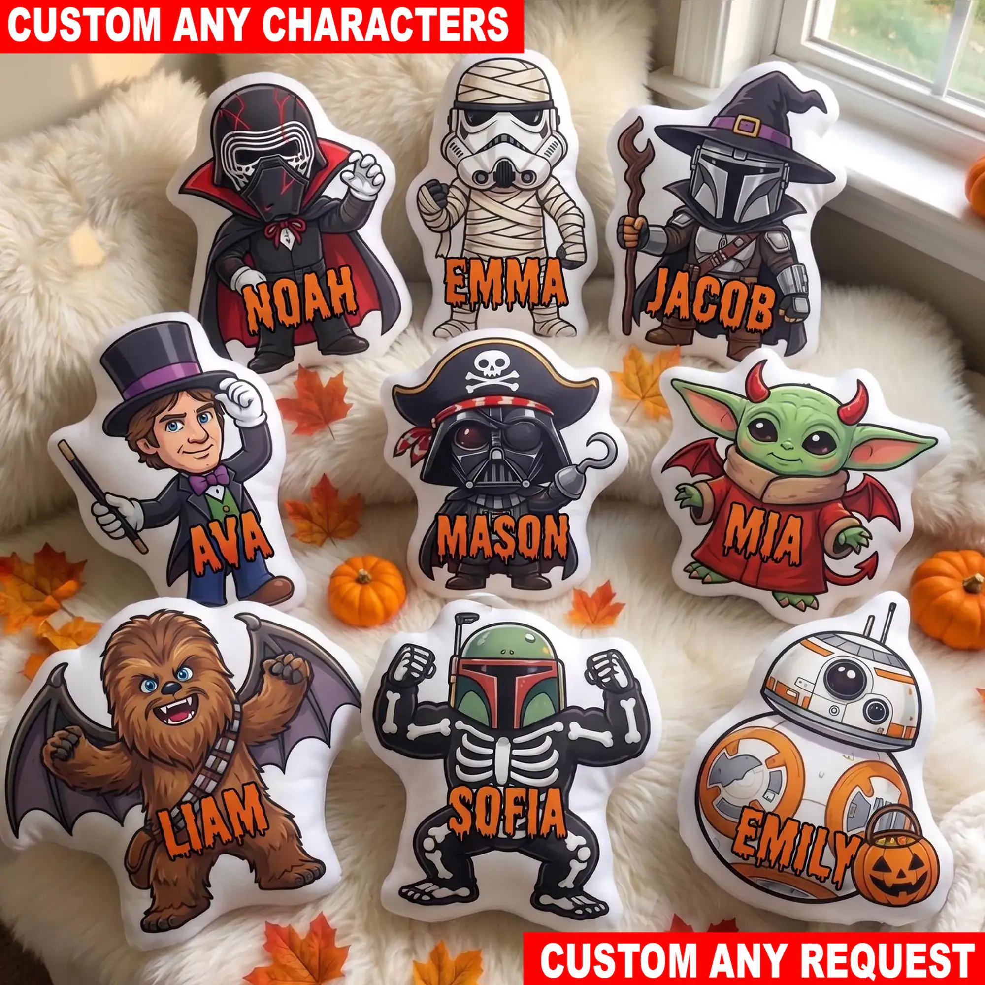 Personalized Star Wars Halloween Pillow, Darth Vader Grogu Mandalorian Stormtrooper BB-8 Custom Name Pillow, Gift for Kids