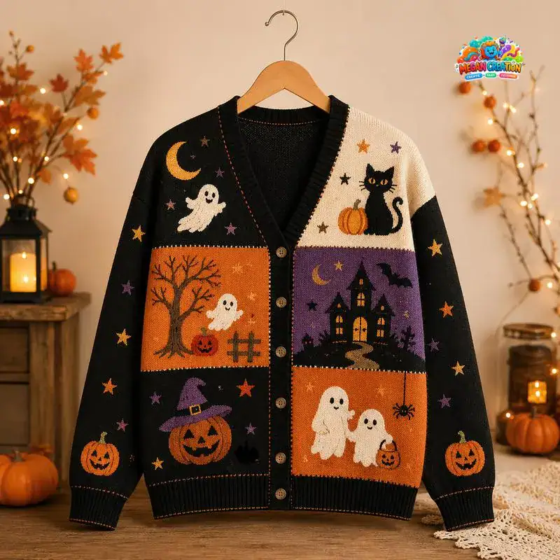Halloween Ghost Black Cat Cardigan, Pumpkin Spooky Cardigan, Cute Halloween Sweater, Cozy Fall Button Cardigan 08