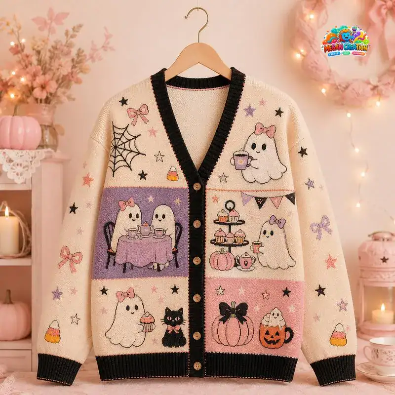 Pumpkin Spooky Women Cardigan, Halloween Ghost Knit Cardigan, Cute Halloween Sweater, Cozy Fall Button Cardigan 10