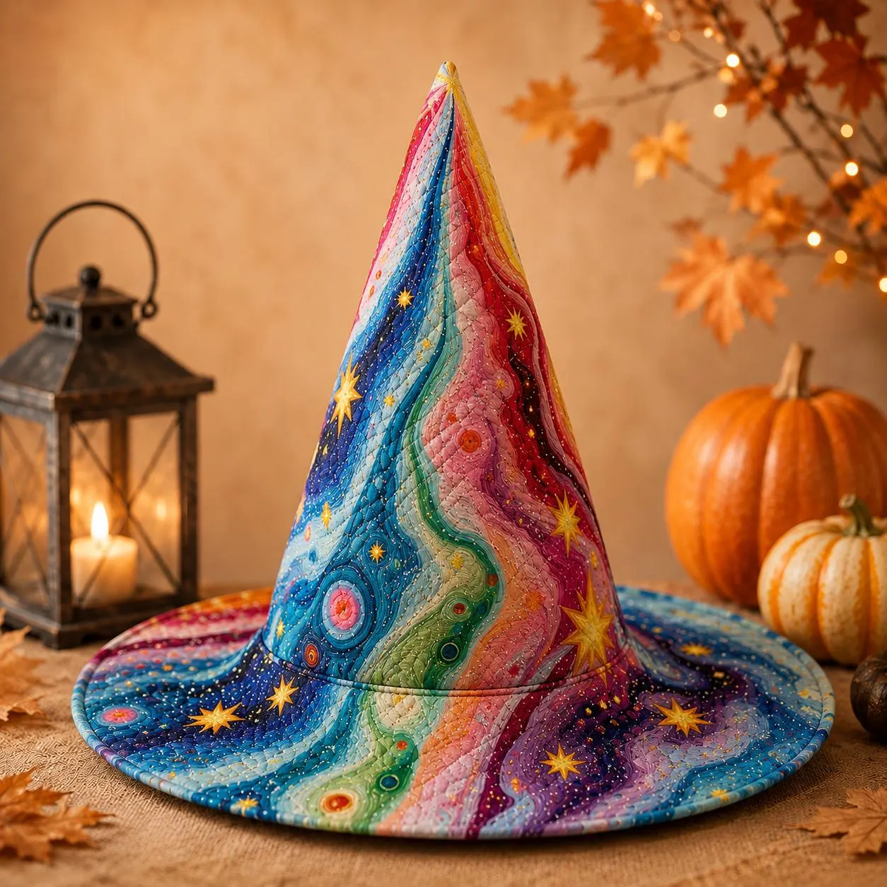 Rainbow Galaxy Quilted Witch Hat, Celestial Starry Halloween Costume Hat, Colorful Witchy Party Accessory, Spooky Season Gift