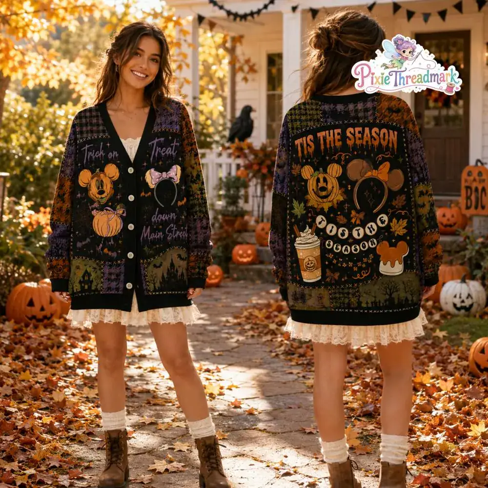 Tis The Season Mouse Ear Halloween Cardigan, Spooky Pumpkin Sweater, Theme Park Drinks Fall Outfit, Trick or Treat Cardigan