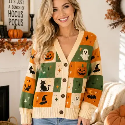 Halloween Checkered Knitted Cardigan, Retro Checkerboard Ghost Sweater, Spooky Black Cat Knitwear, Fall Holiday Outfit, Aesthetic Gift for