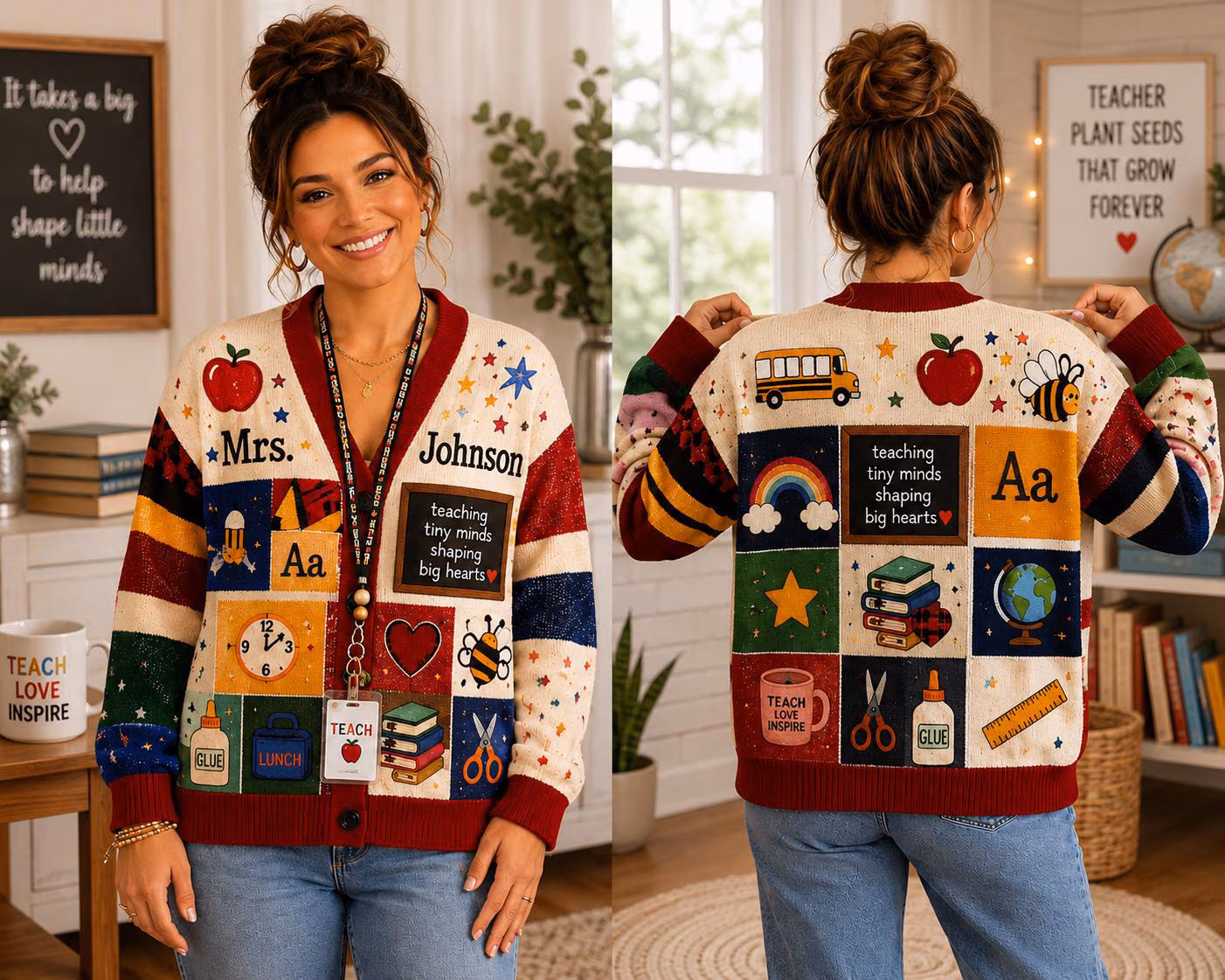 Personalized Teacher Name Knitted Cardigan, Custom Mrs School Sweater, Teacher Appreciation Gift, School Supplies Apparel, Classroom Outfit