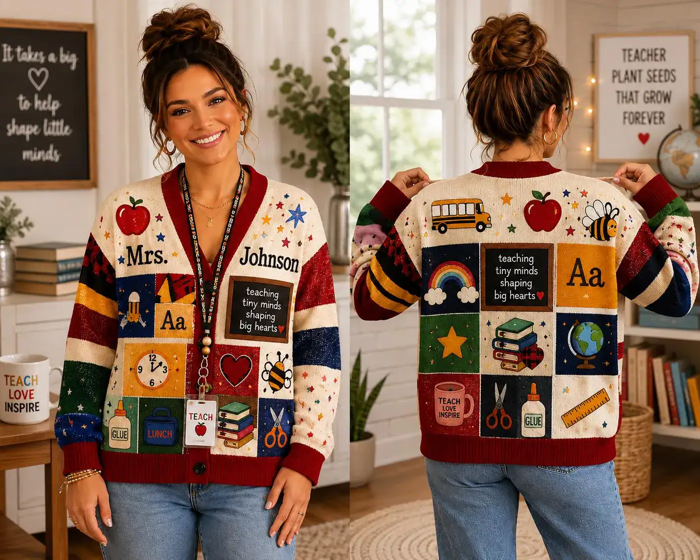 Personalized Teacher Name Knitted Cardigan, Custom Mrs School Sweater, Teacher Appreciation Gift, School Supplies Apparel, Classroom Outfit