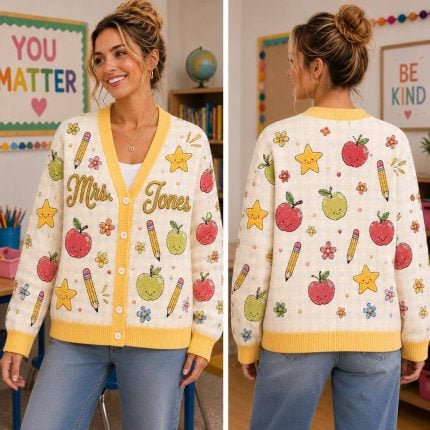 Coquette Apple Bow Teacher Knitted Cardigan, Custom Embroidered Sweater, Back to School Teacher Outfit, Cute Classroom Gift, Educator - Image 4