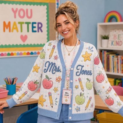 Coquette Apple Bow Teacher Knitted Cardigan, Custom Embroidered Sweater, Back to School Teacher Outfit, Cute Classroom Gift, Educator