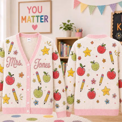 Coquette Apple Bow Teacher Knitted Cardigan, Custom Embroidered Sweater, Back to School Teacher Outfit, Cute Classroom Gift, Educator - Image 2