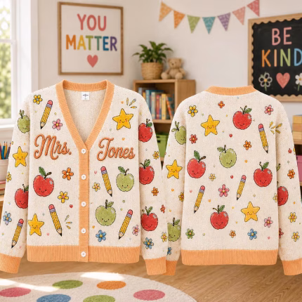 Coquette Apple Bow Teacher Knitted Cardigan, Custom Embroidered Sweater, Back to School Teacher Outfit, Cute Classroom Gift, Educator - Image 3