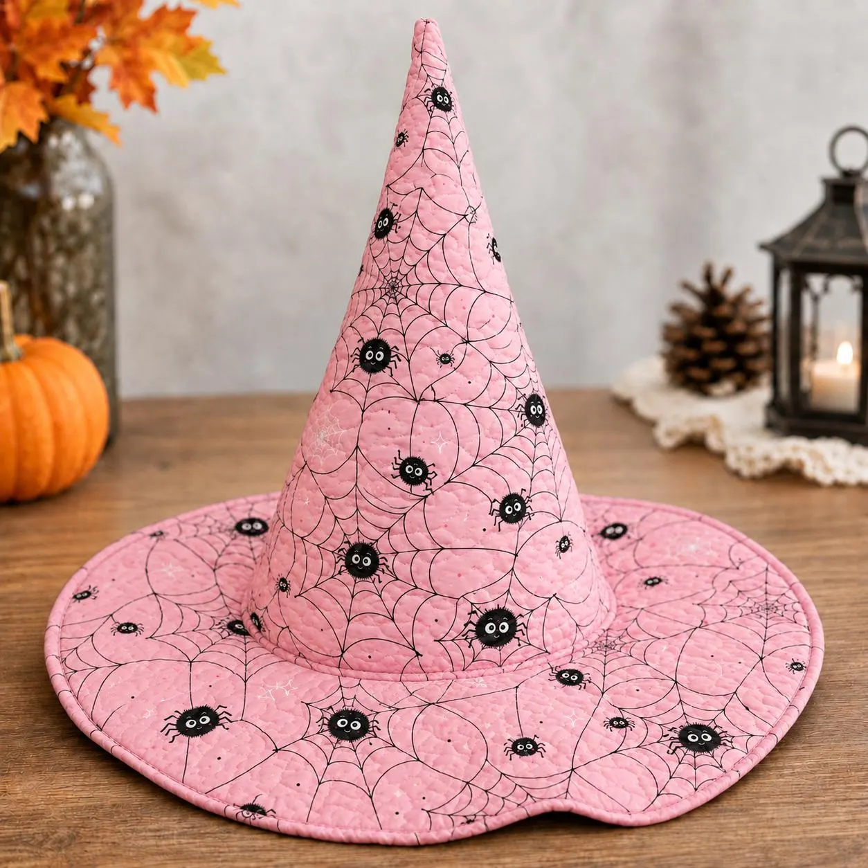 Pink Quilted Halloween Witch Hat with Spiderweb Print and Black Spiders, Spooky Costume Headwear