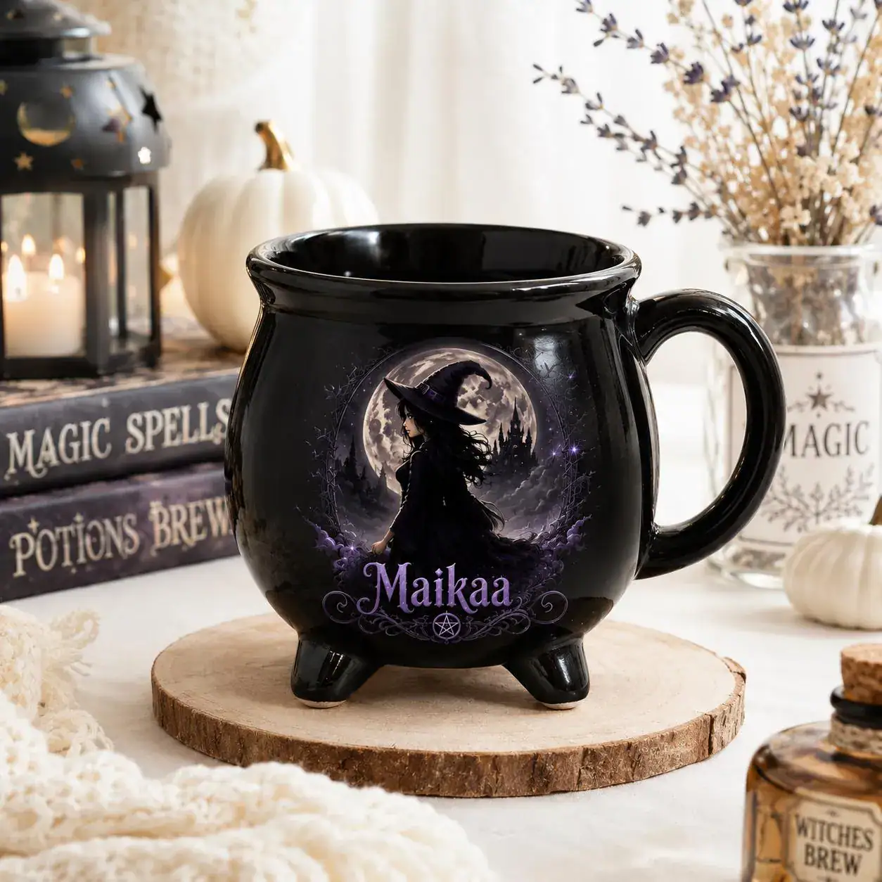 Personalized Witch Cauldron Mug | Custom Name Halloween Coffee Cup | Gothic Wiccan Gift for Her | Spooky Witches Brew Potion Mug