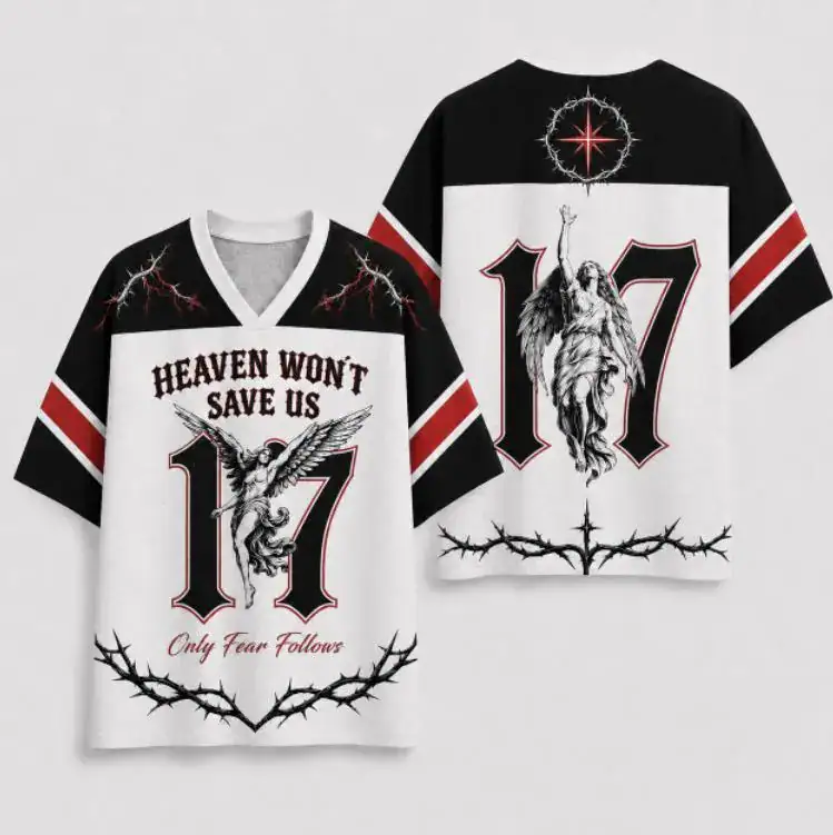 Heaven Won’t Save Us Angel Jersey, Number 17 Gothic Football Shirt, Black White Red Thorn Graphic, Dark Streetwear Top