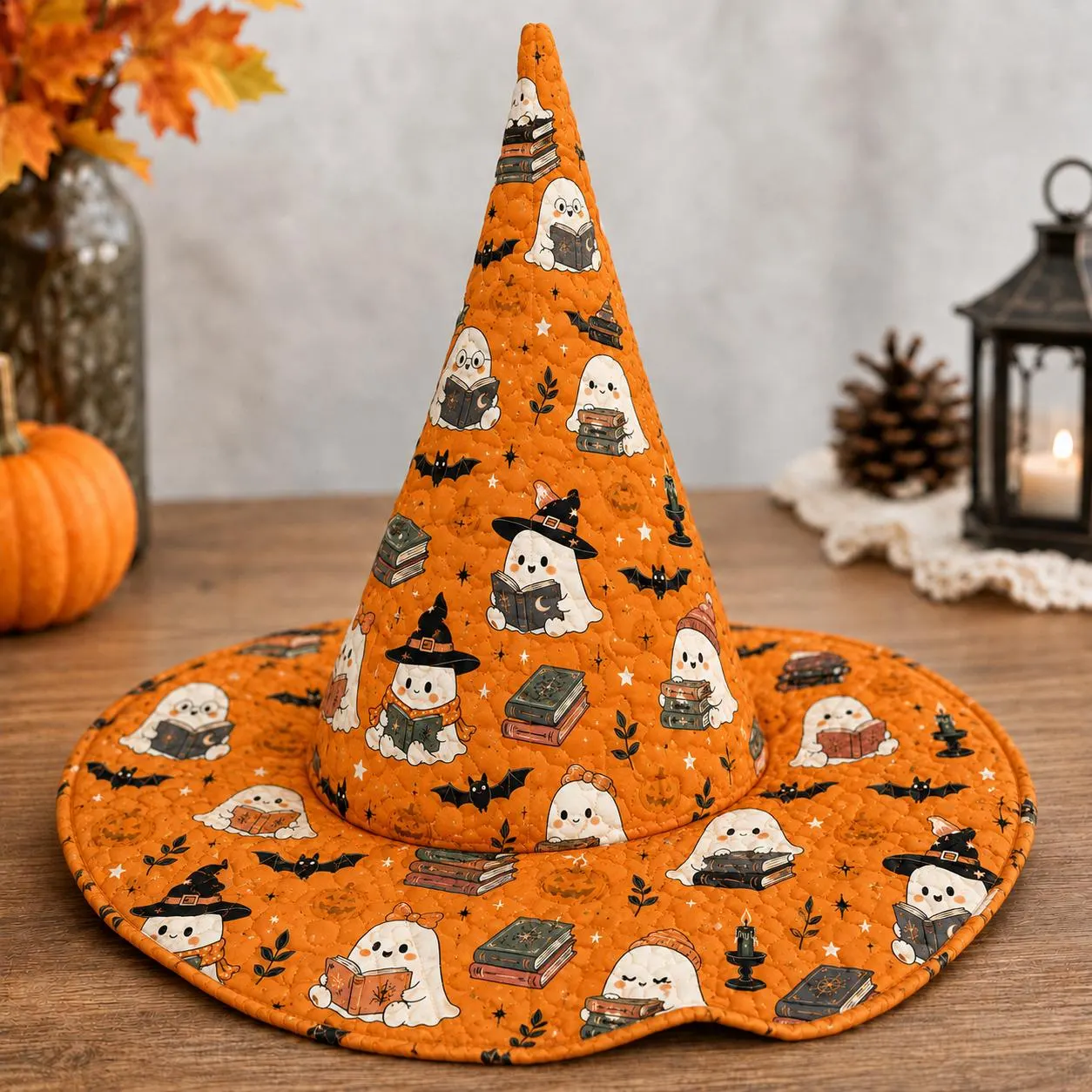 Orange Quilted Halloween Witch Hat with Reading Ghosts, Books and Witch Hat Print, Spooky Costume Headwear