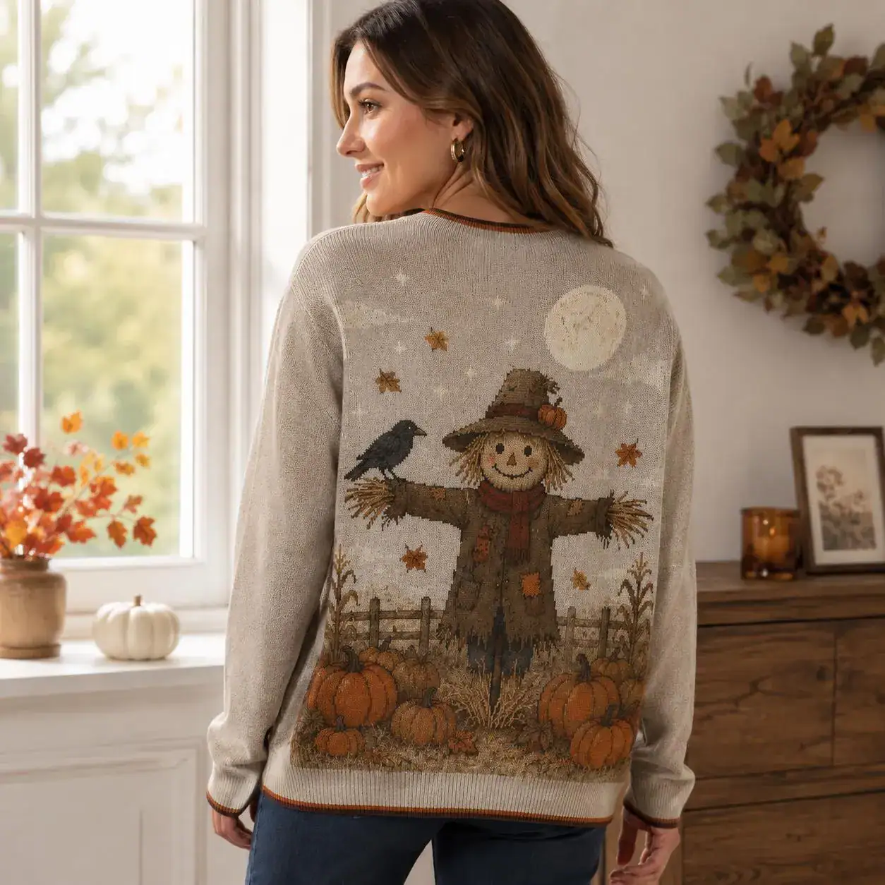 Scarecrow Fall Cardigan, Pumpkin Patch Crow and Full Moon Design, Vintage Harvest Sweater for Autumn Festival and Thanksgiving Outfits