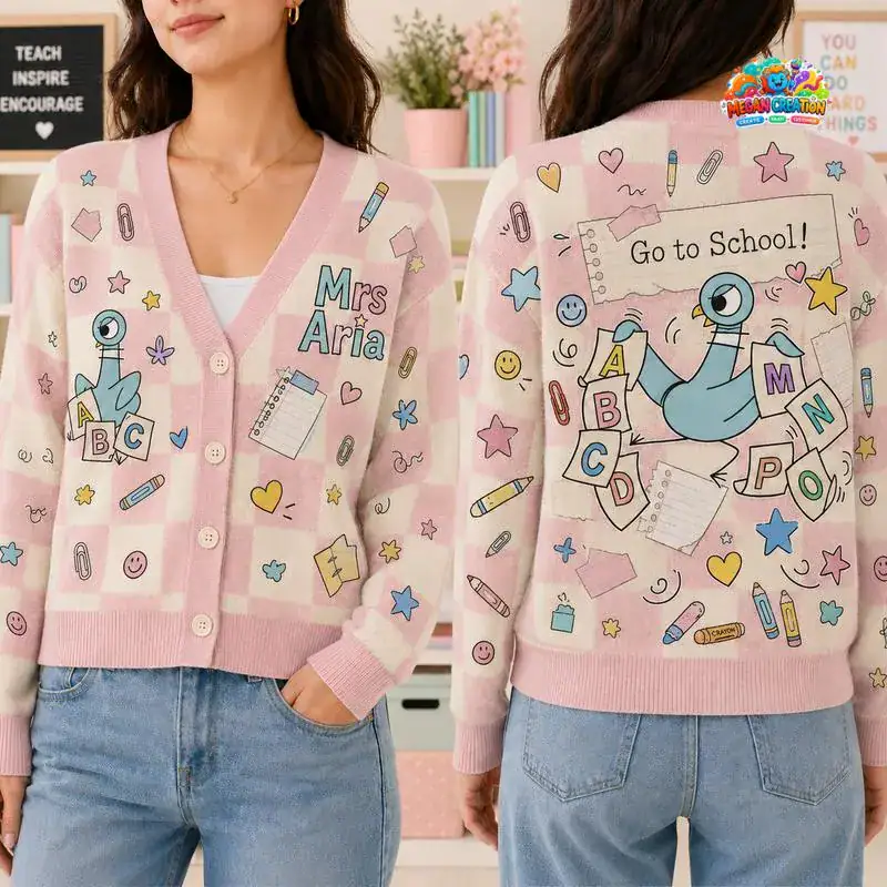 Personalized Pigeon Teacher Life Cardigan, The Pigeon Has To Go To School Cardigan, Storybook Reading Outfit, Kindergarten Cardigan 18