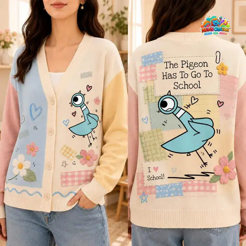 The Pigeon Has To Go To School Knit Cardigan, Pigeon Teacher Cardigan, Teacher Life Storybook Reading Outfit, Kindergarten Cardigan