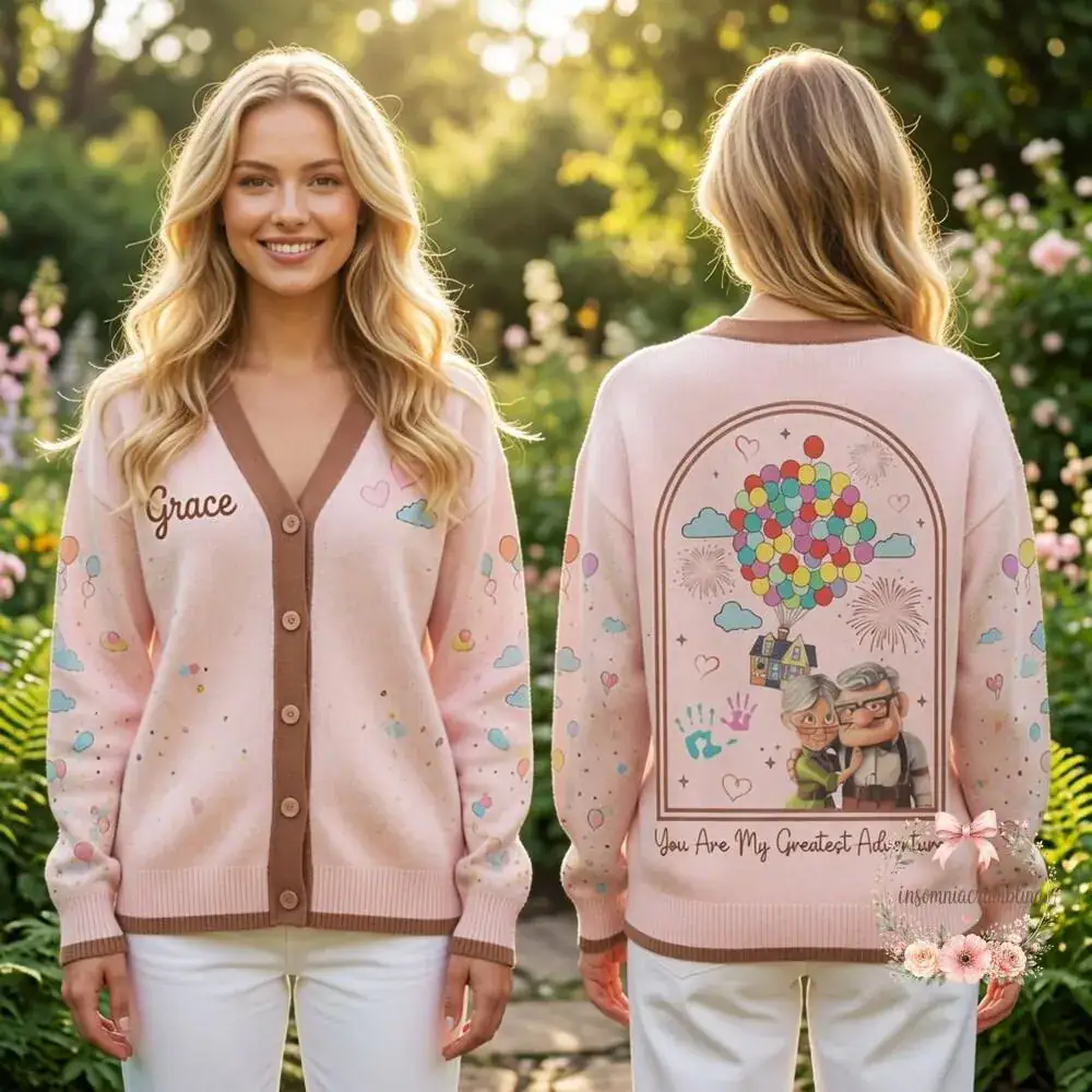 Personalized Grandma Cardigan, Up Movie House Balloons, Custom Name Pixar Up Sweater, Pixar Gift for Grandmother