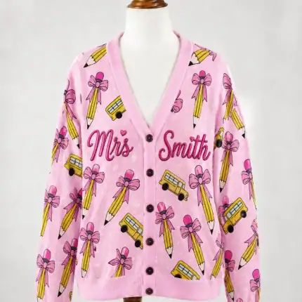 Personalized Teacher Name Cardigan, Custom Mrs Name Pencil Bus Sweater, Back to School Teacher Gift, Cozy Teacher Cardigan - Image 2