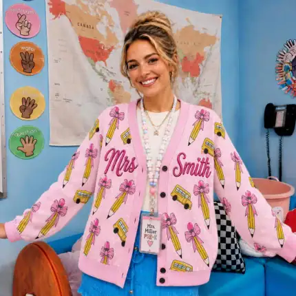 Personalized Teacher Name Cardigan, Custom Mrs Name Pencil Bus Sweater, Back to School Teacher Gift, Cozy Teacher Cardigan