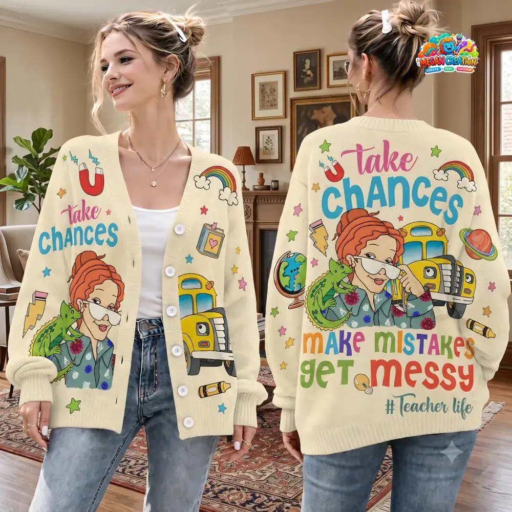 The Magic School Bus Ms Frizzle Cardigan, Retro 90s School Bus Cardigan, Science Teacher Sweater, Back to School Outfit, Teacher Aesthetic