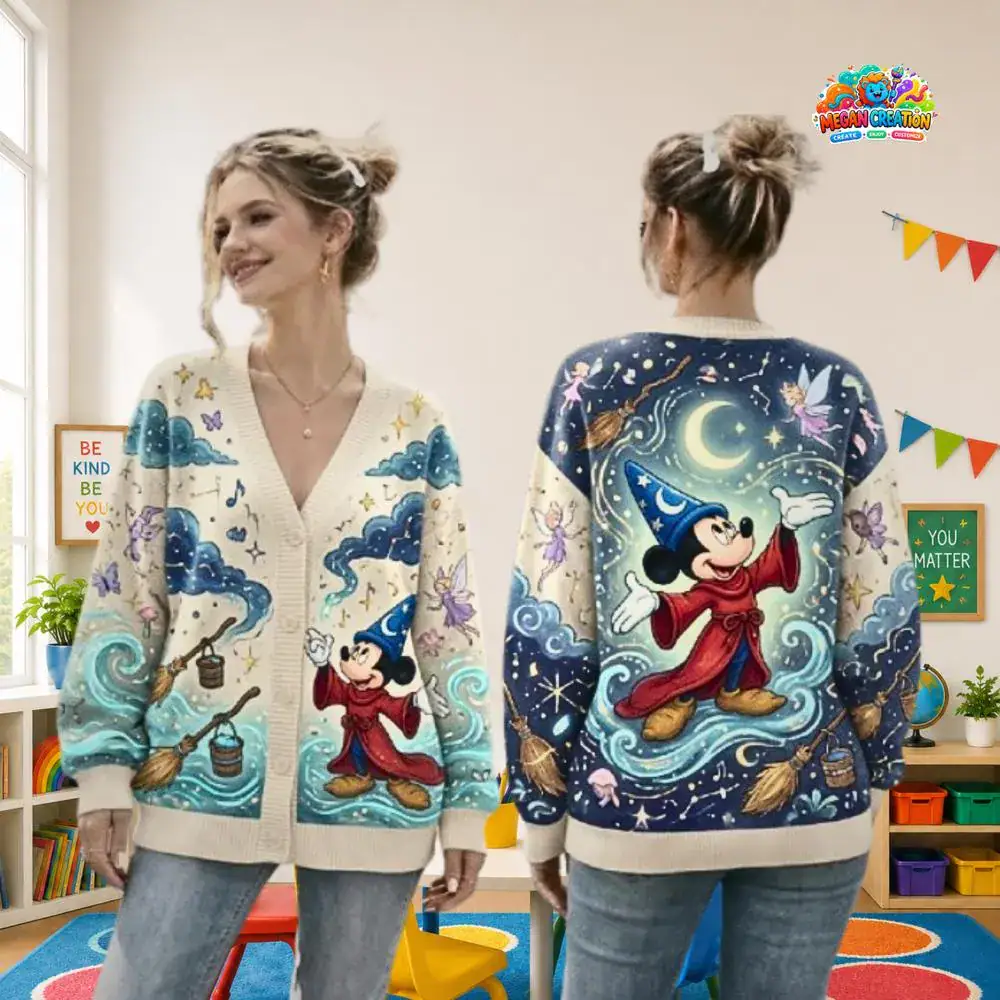 Sorcerer Minnie Cardigan, Mouse Graphic Cardigan, Knit Sweater, Magic Celestial Apparel, Gift for Her 09