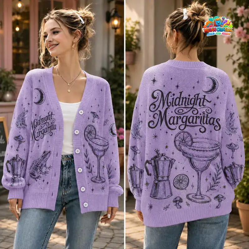 Midnight Margaritas Women Sweater, Witchy Frog Knit Cardigan, Tequila Bottle Cardigan Cozy Witch Aesthetic Top 03