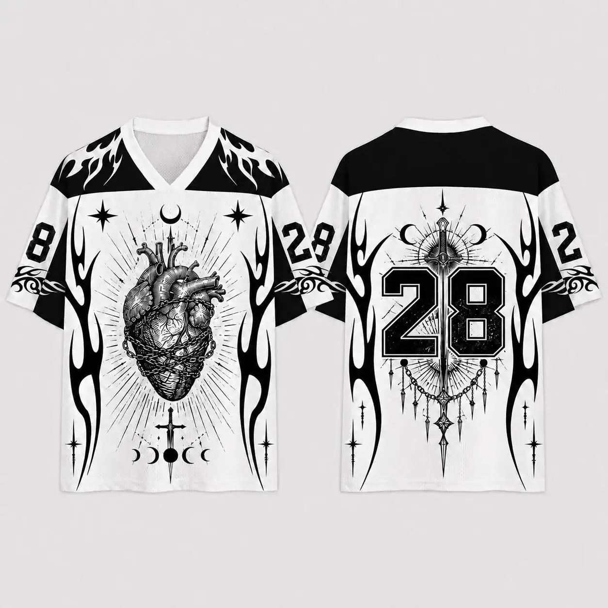 Gothic Sacred Heart Jersey Shirt, Dark Tattoo Baseball Jersey, Celestial Moon Sword Sports Tee, Gothic Streetwear Gift, Custom Name Number