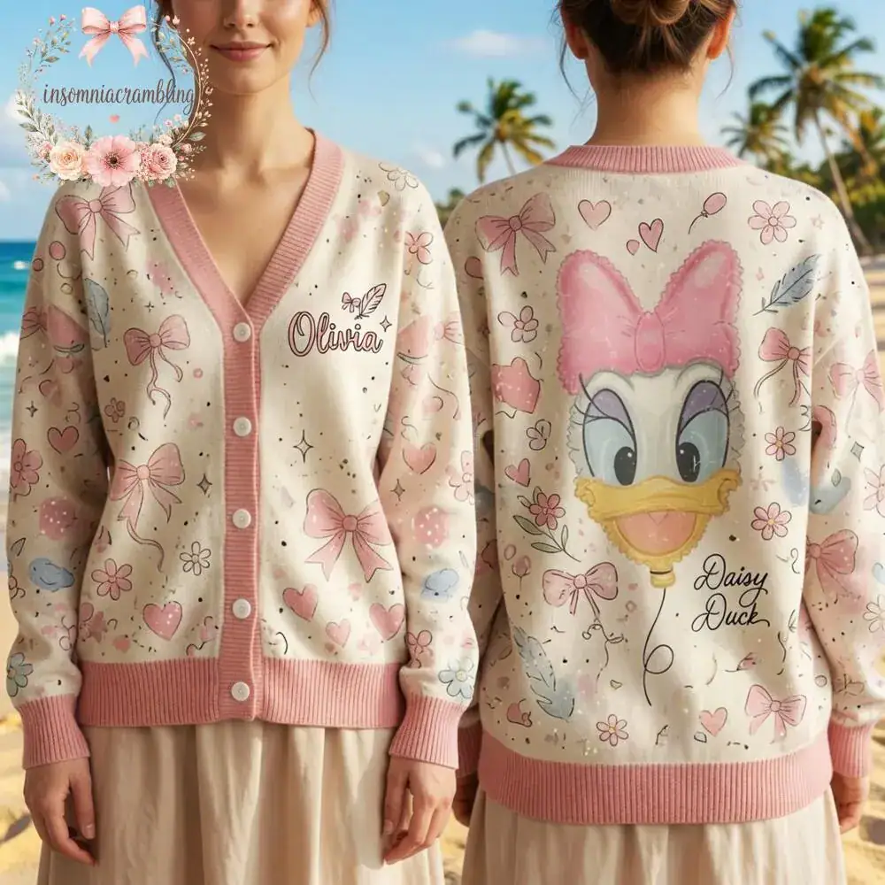 Daisy Duck Personalized Cardigan, Custom Name Sweater, DNland Coquette Bow Gift, Back Print Knit, Birthday Gift for Her
