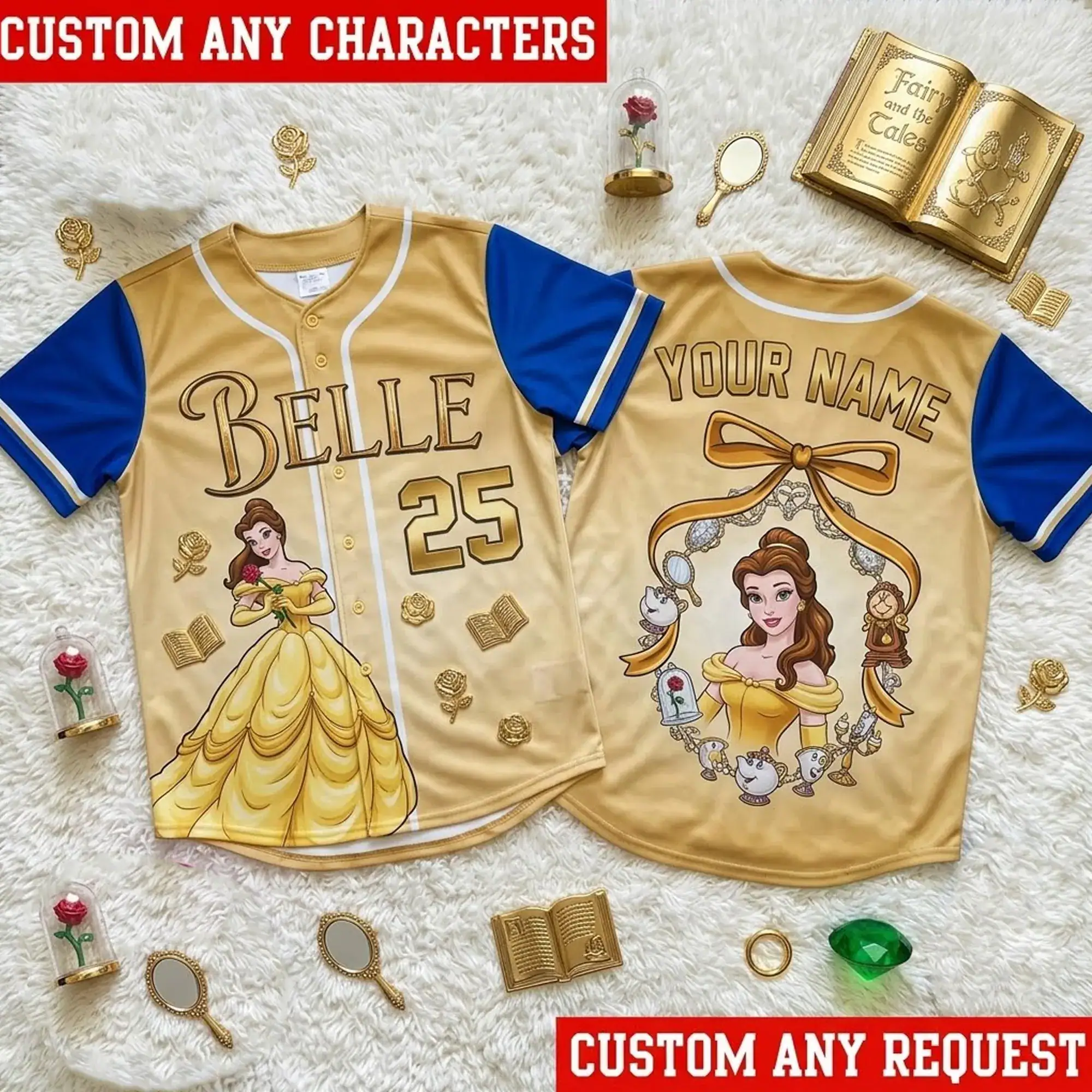 Personalized Belle Baseball Jersey, Beauty and Beast Jersey, Custom Princess Baseball Shirt, Belle Bow Jersey, Family Matching DN Gift