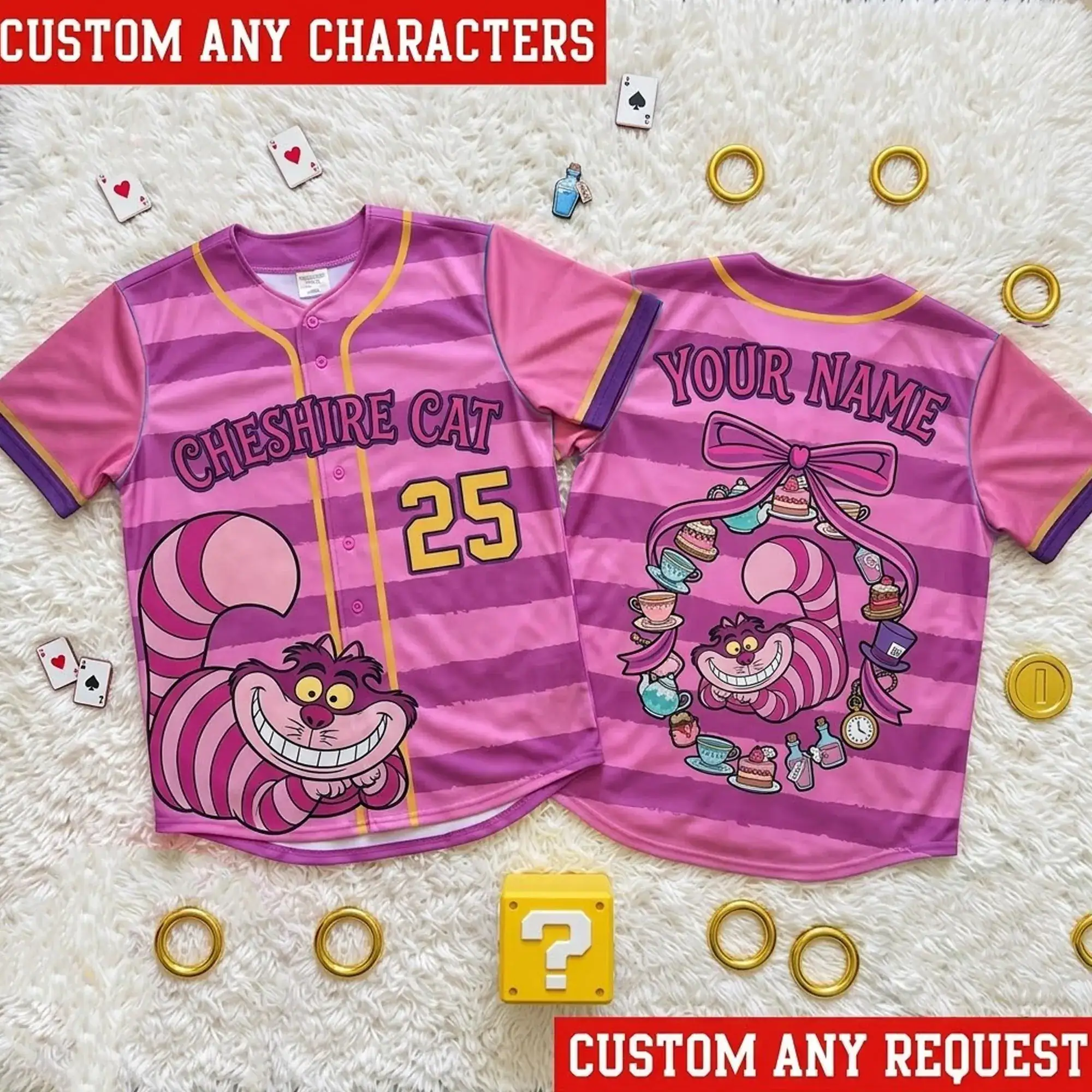 Personalized Cheshire Cat Baseball Jersey, Custom Alice in Wonderland, Cheshire Cat Bow Jersey, Tea Party Baseball Jersey, Birthday Gift