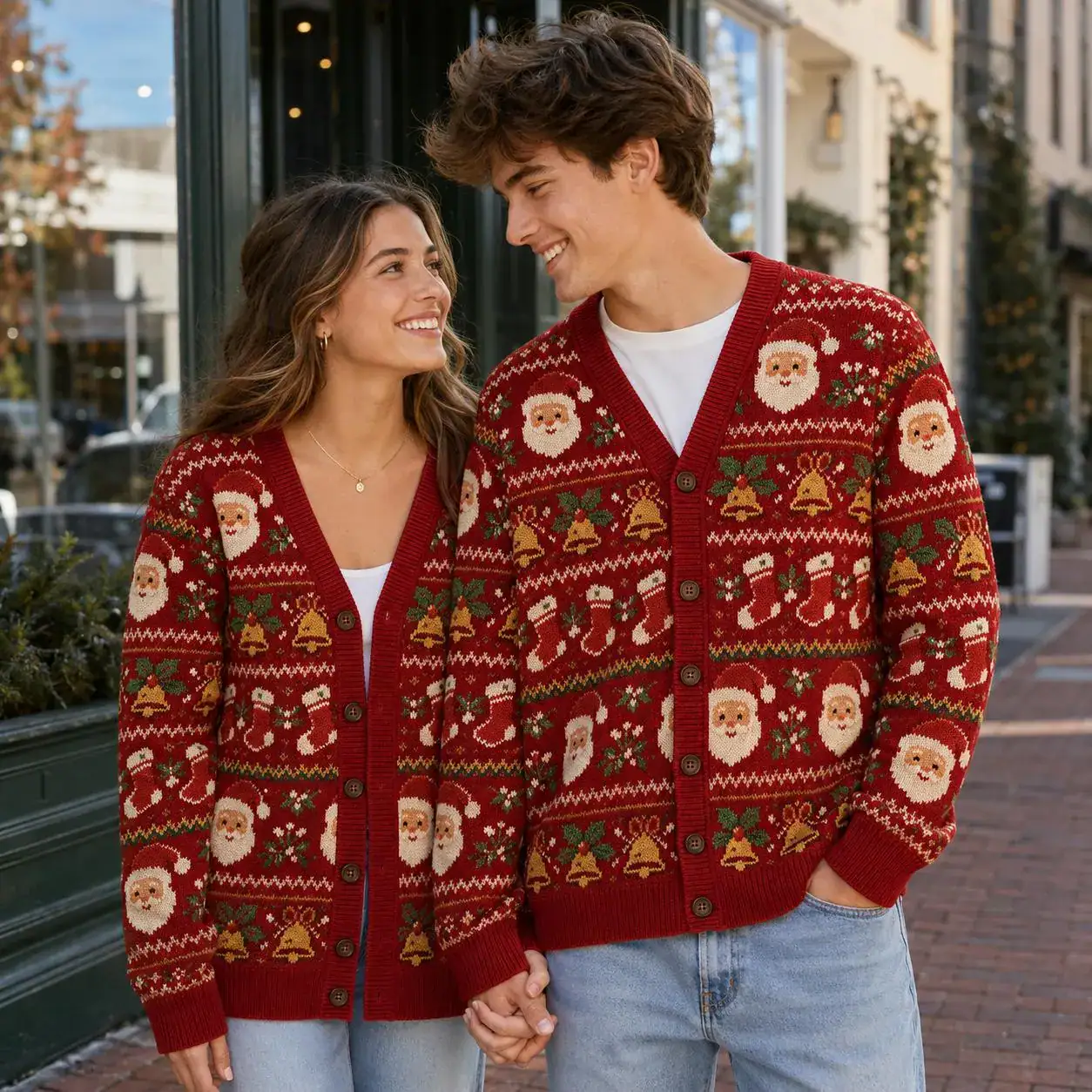 Santa Christmas Cardigan, Red Stocking and Bell Fair Isle Knit Sweater, Classic Holiday Jumper, Cozy Festive Winter Outfit