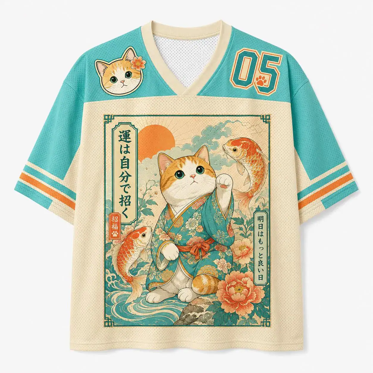 Lucky Cat Koi Jersey, Japanese Ukiyo E Mesh Football Shirt, Number 05 Retro Streetwear, Cat Lover Gift