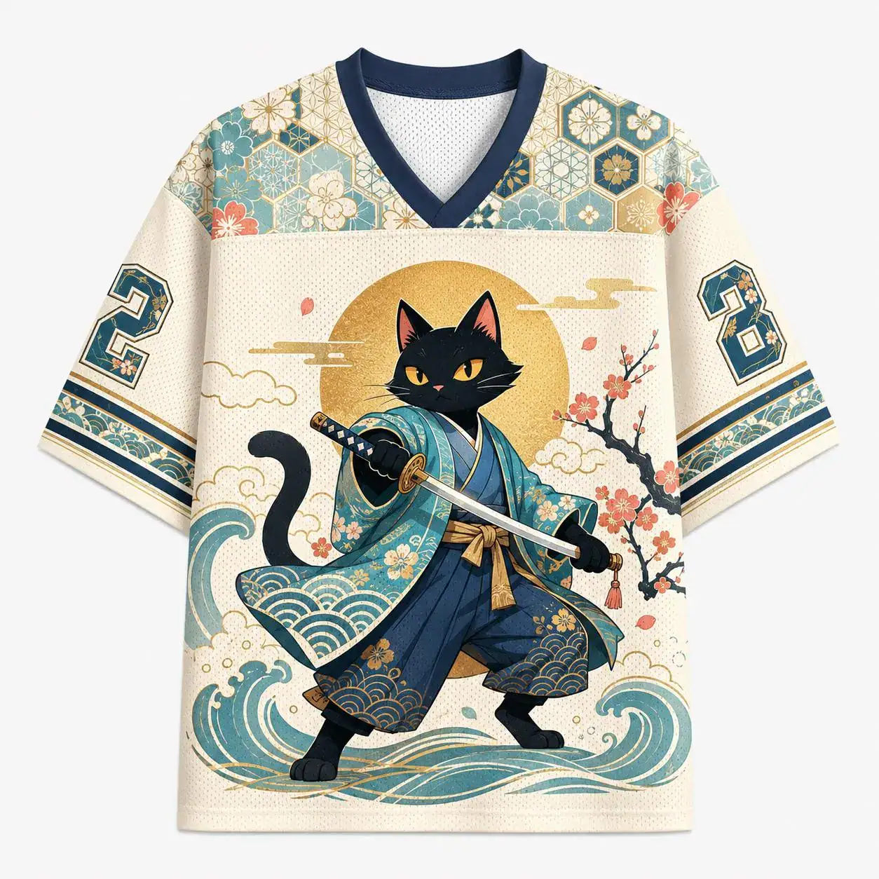 Black Samurai Cat Jersey, Number 22 Japanese Wave Football Top, Floral Kimono Mesh Shirt, Cat Lover Streetwear
