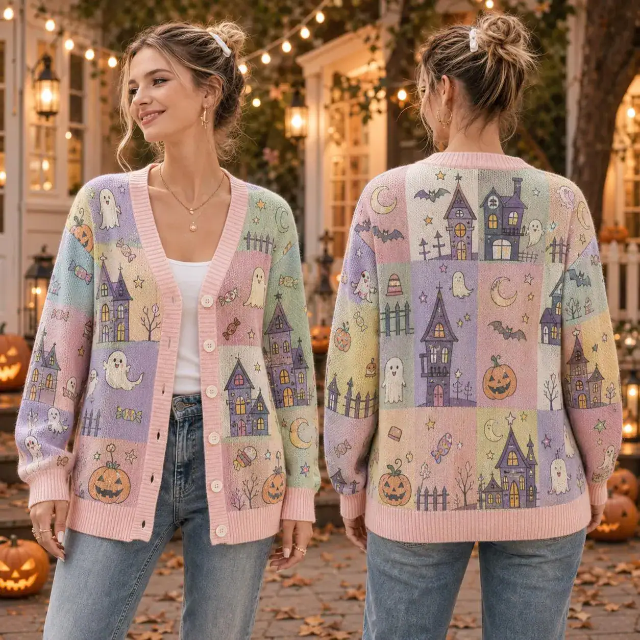 Haunted House Halloween Cardigan, Pastel Spooky House Wool Sweater, Cute Ghost Castle Knit Cardigan, Cozy Fall Outfit