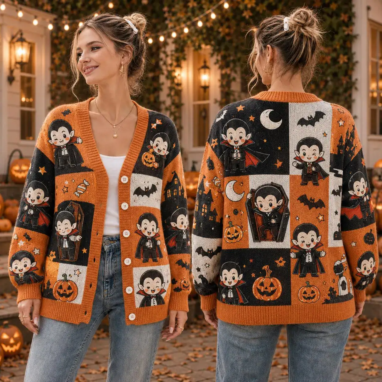 Cute Dracula Halloween Cardigan, Orange Black White Vampire Sweater, Kawaii Vampire Knit Cardigan, Spooky Halloween Outfit