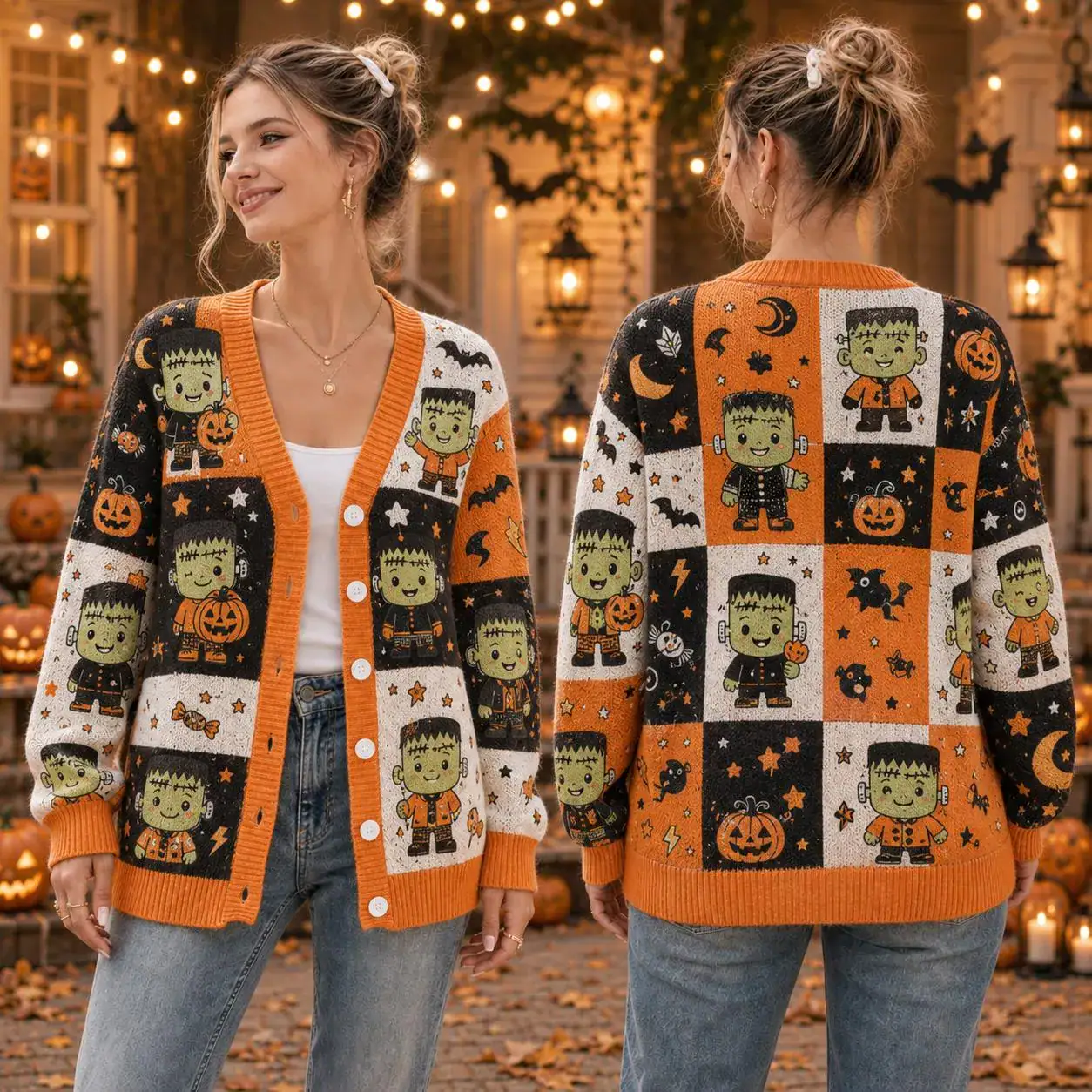 Cute Frankenstein Halloween Cardigan, Orange Black White Monster Sweater, Kawaii Frankenstein Knit Cardigan, Spooky Season Gift