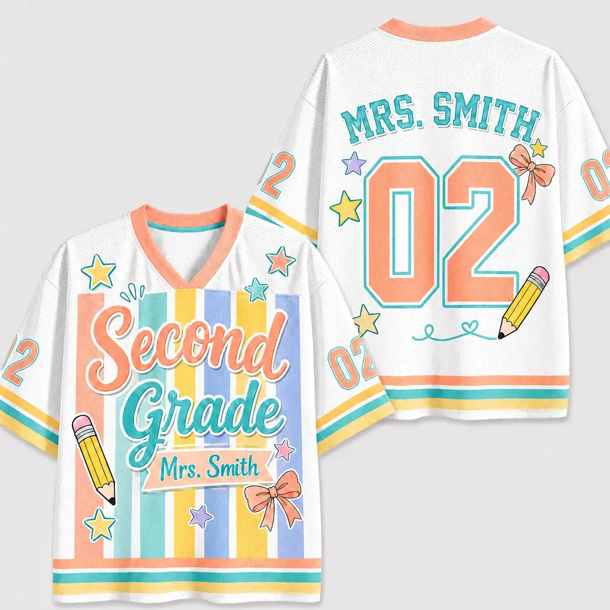 Custom Second Grade Teacher Jersey, Personalized Name and Number 02 Mesh Shirt, Pastel Back to School Educator Gift