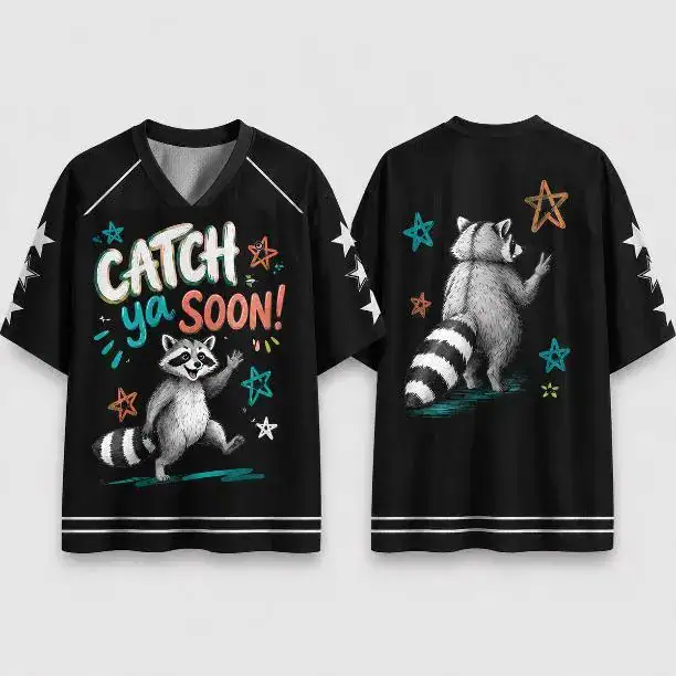 Catch Ya Soon Raccoon Jersey, Funny Black Mesh Shirt, Retro Animal Graphic Sports Top, Cute Raccoon Lover Gift